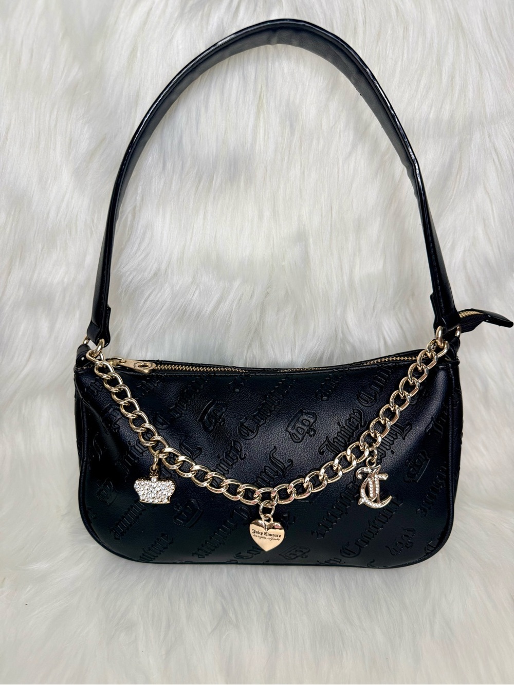 Juicy Couture Black Embossed Shoulder Bag with Gold Charm Chain